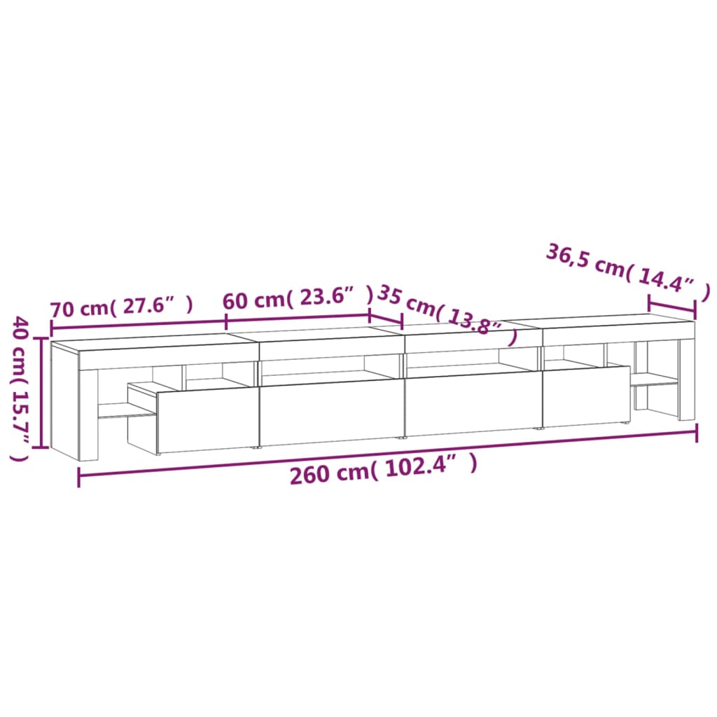 TV ormarić s LED svjetlima siva boja betona 260x36,5x40 cm
