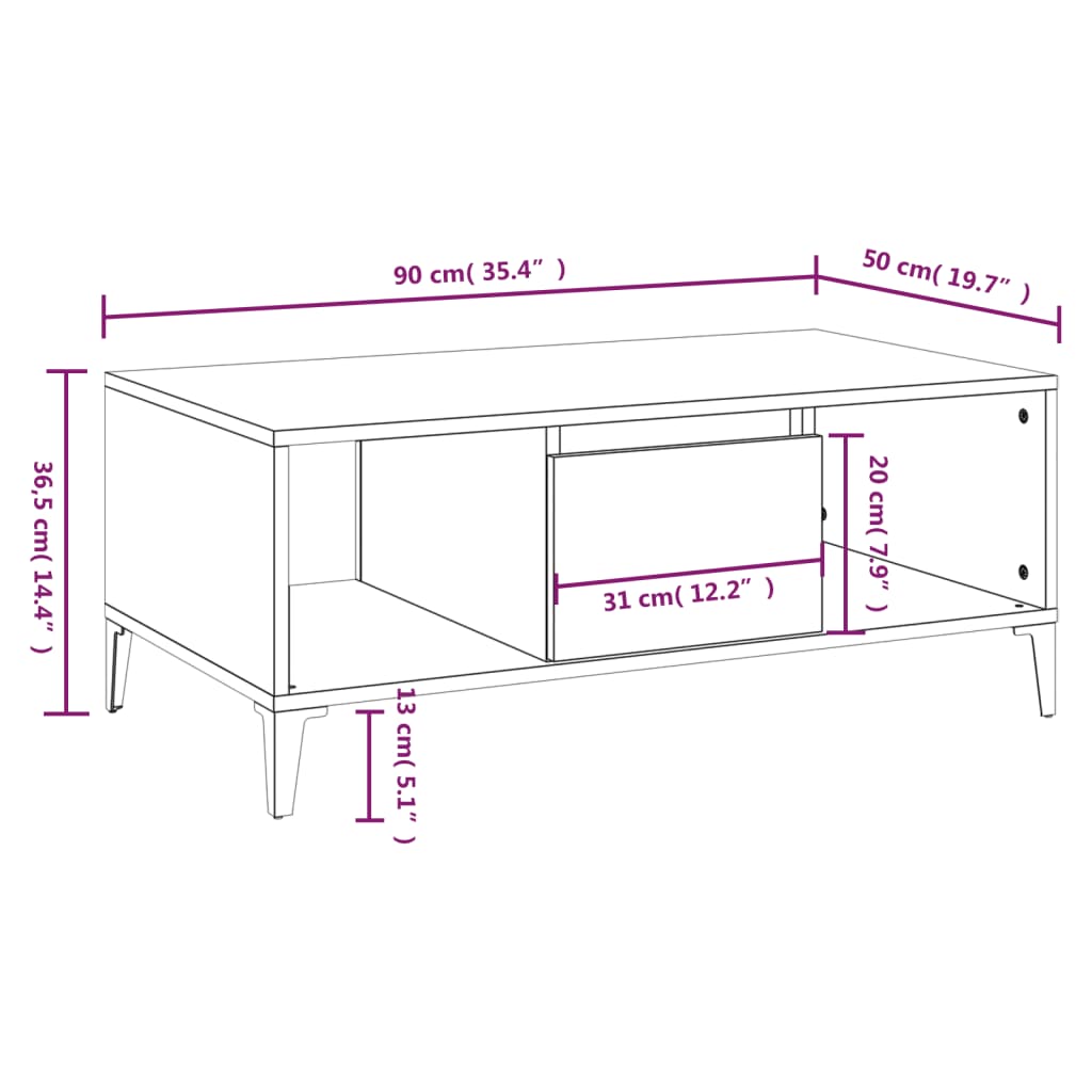 Stolić za kavu bijeli 90 x 50 x 36,5 cm od konstruiranog drva