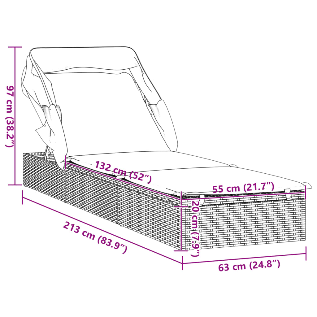 Ležaj za sunčanje sklopivi krov sivi 213 x 63 x 97 cm poliratan