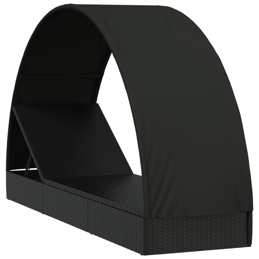 Ležaj za sunčanje s krovom crni 211 x 57 x 140 cm poliratan