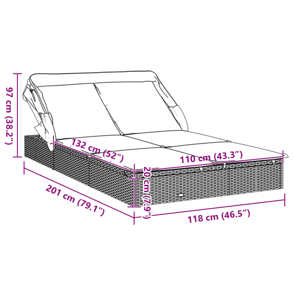 Ležaj za sunčanje za 2 osobe crni 213 x 118 x 97 cm poliratan