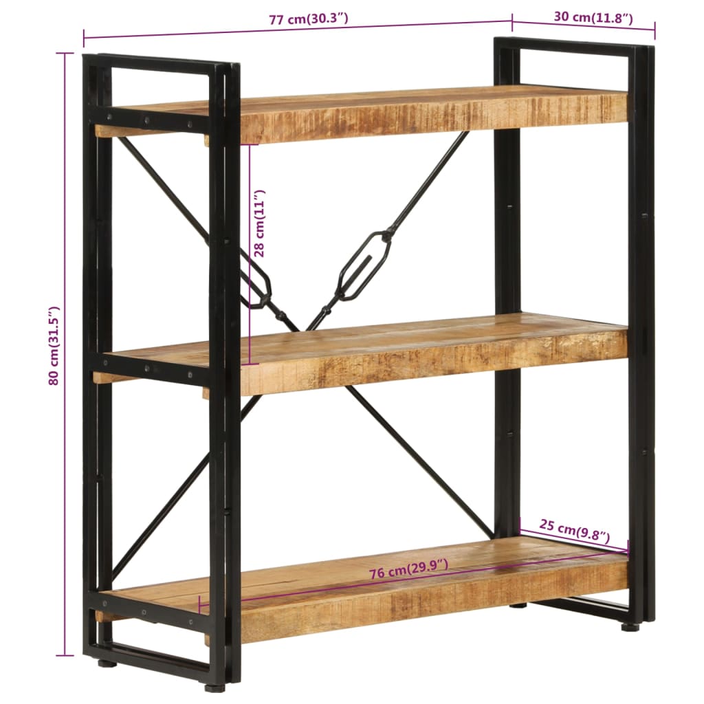 Regal za knjige s 3 razine 77x30x80 cm od drva manga i željeza
