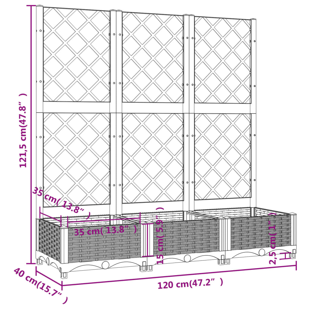 Vrtna sadilica s rešetkom svjetlosiva 120 x 40 x 121,5 cm PP