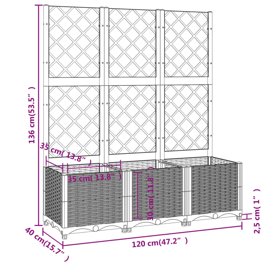 Vrtna sadilica s rešetkom svjetlosiva 120 x 40 x 136 cm PP