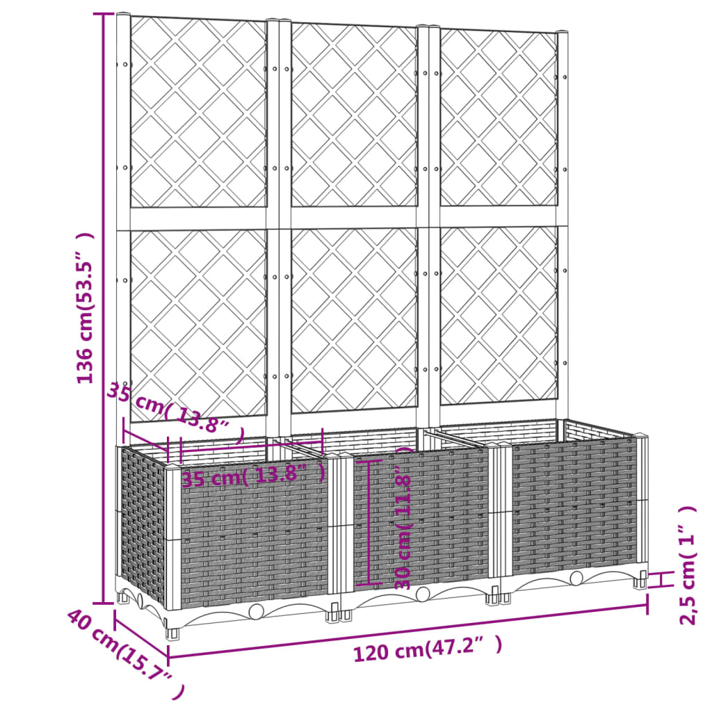 Vrtna sadilica s rešetkom bijela 120 x 40 x 136 cm PP
