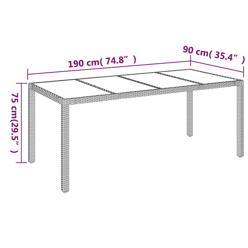 Vrtni stol sa staklenom pločom sivi 190x90x75 cm od poliratana