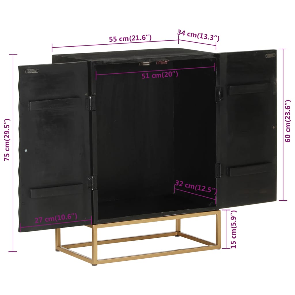 Komoda crna 55 x 34 x 75 cm od masivnog drva manga i željeza