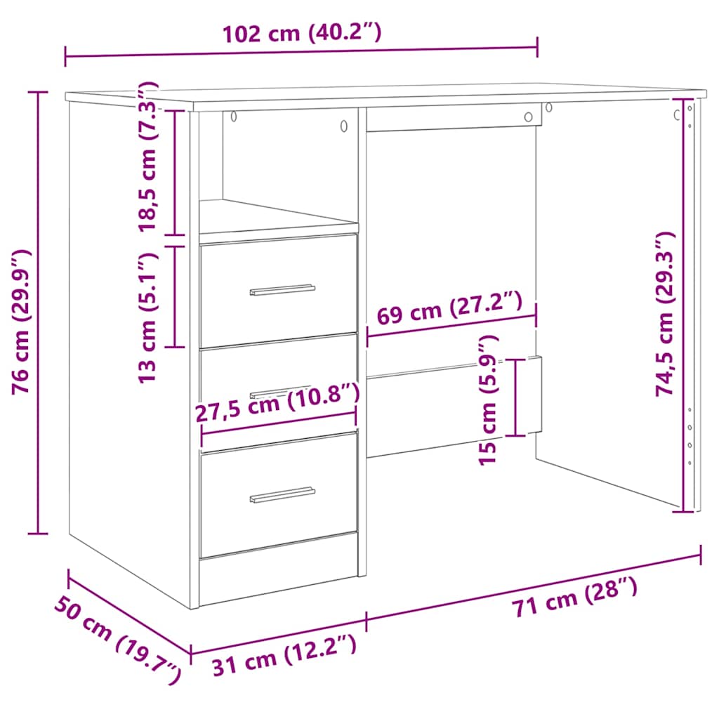 Radni stol boja dimljenog hrasta 102x50x76 cm konstruirano drvo