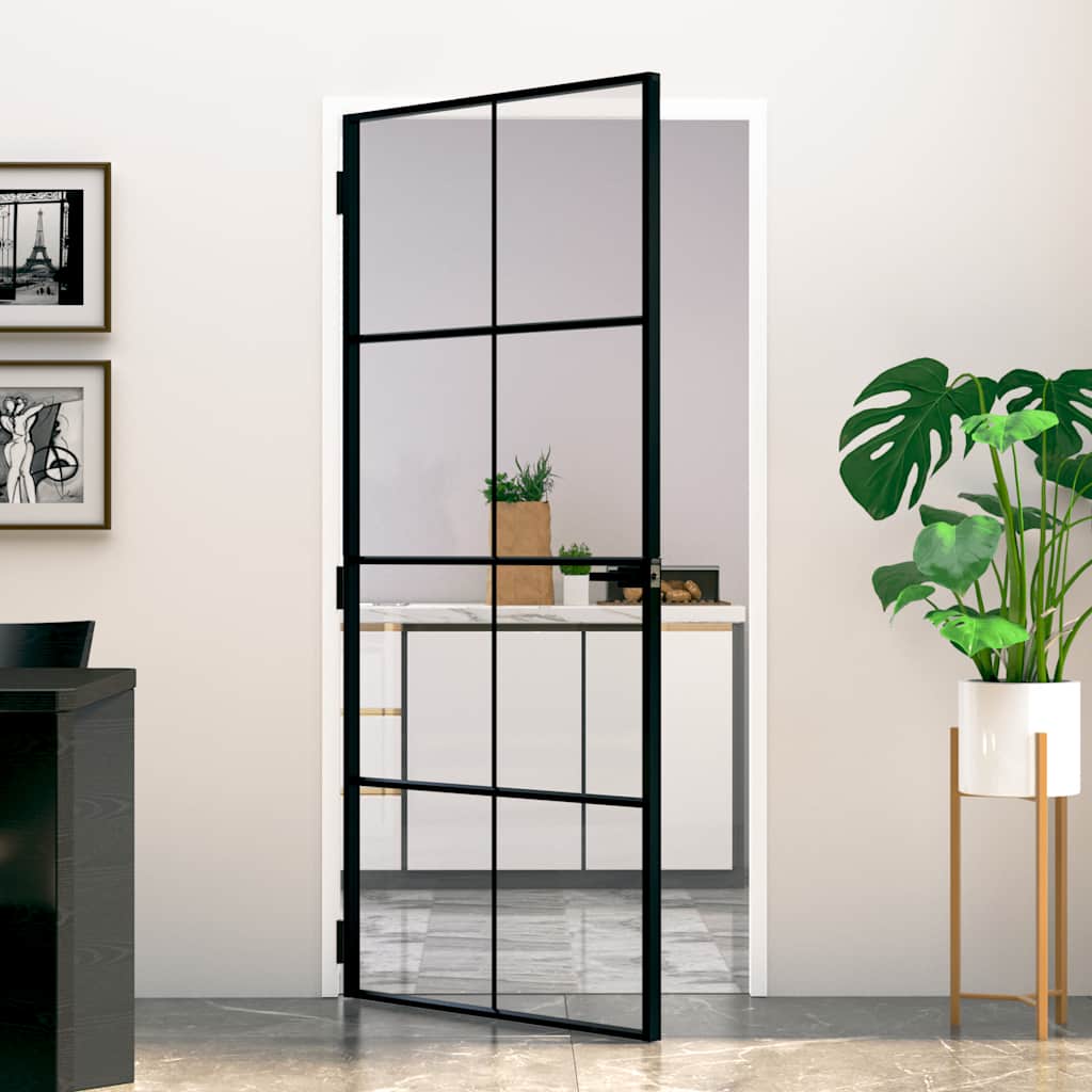 Sobna vrata crna 93 x 201,5 cm kaljeno staklo i aluminij tanka