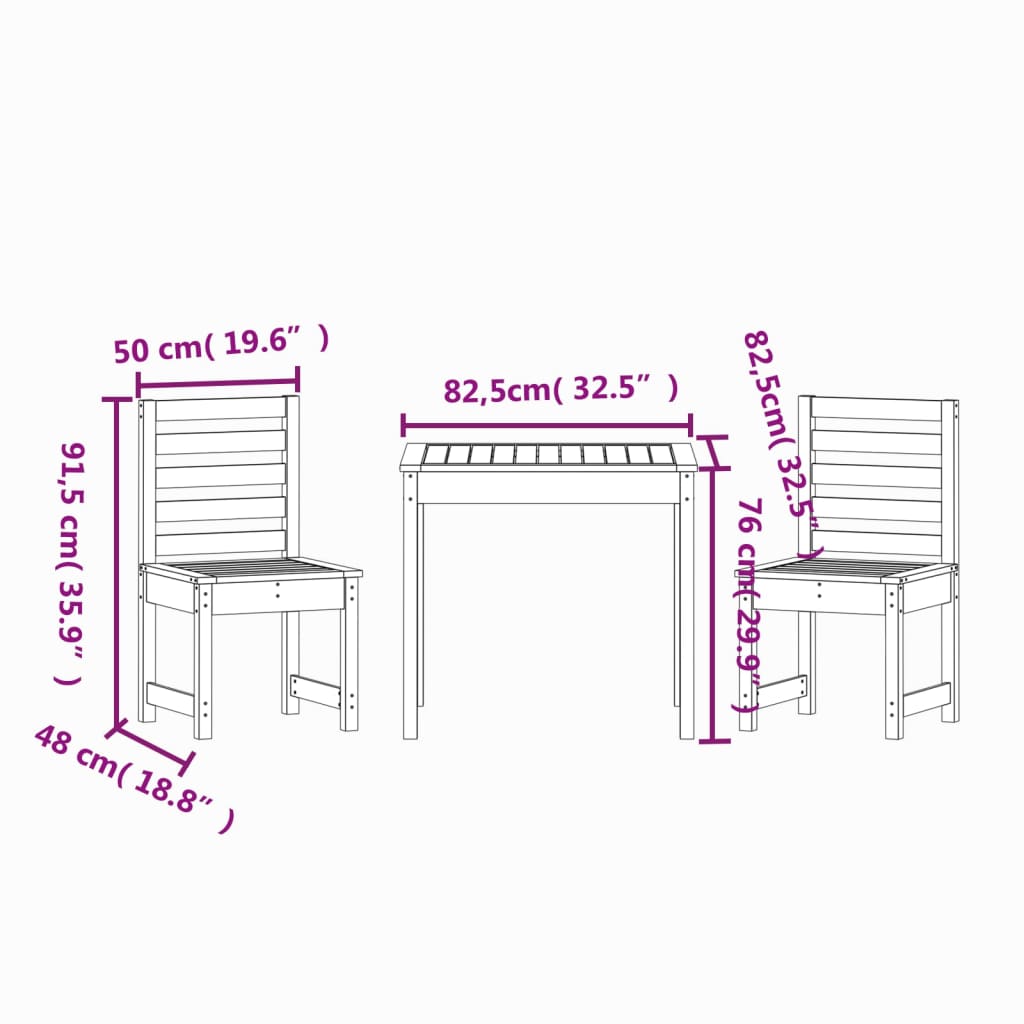 3-dijelni vrtni bistro set bijeli od masivne borovine