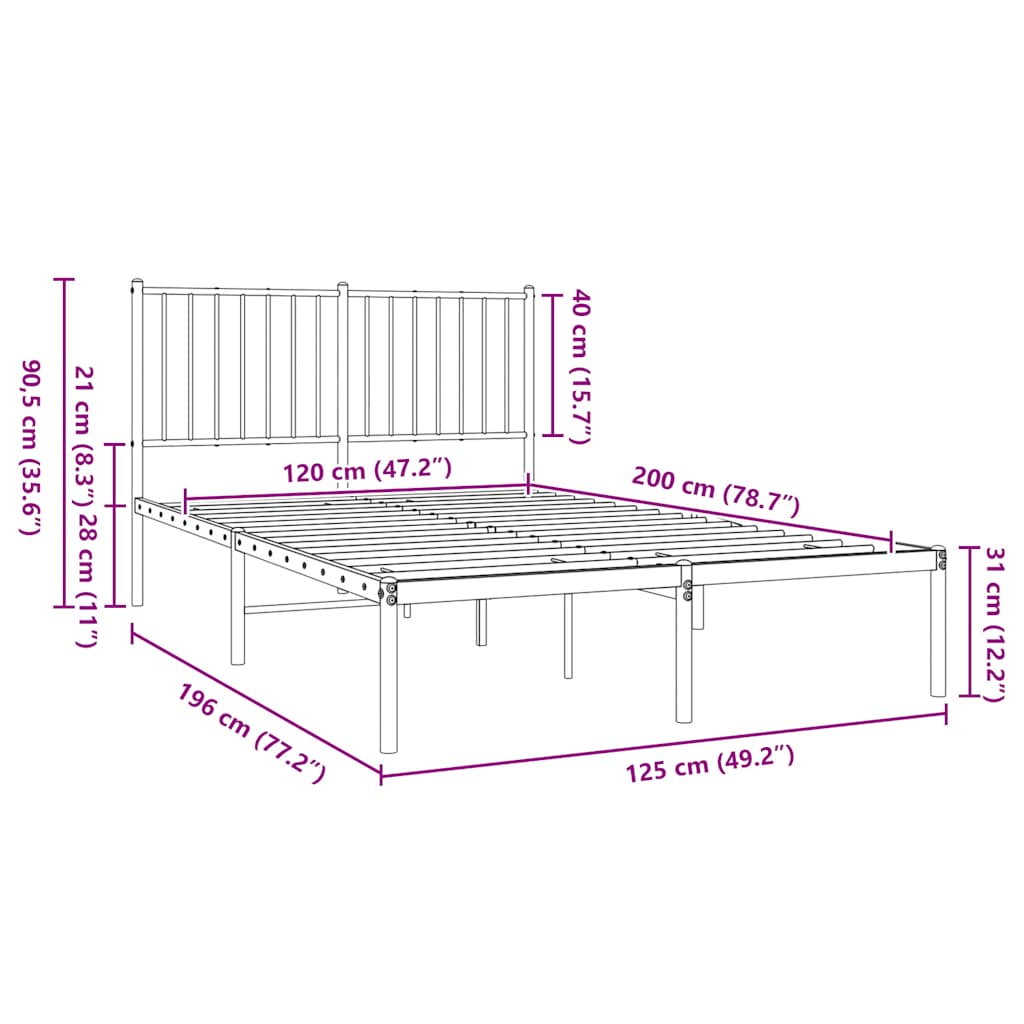 Metalni okvir za krevet s uzglavljem crni 120x200 cm