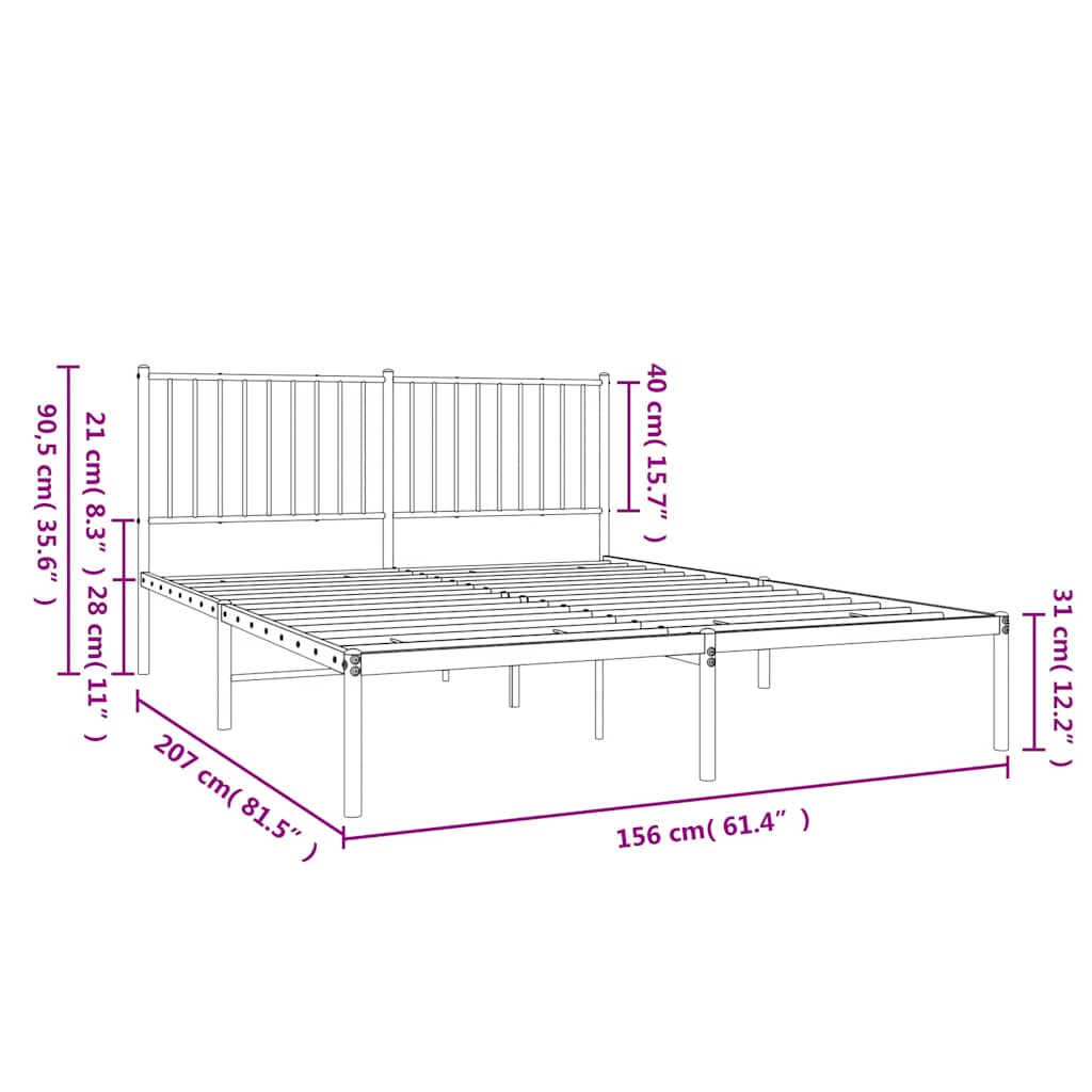 Metalni okvir za krevet s uzglavljem crni 150x200 cm