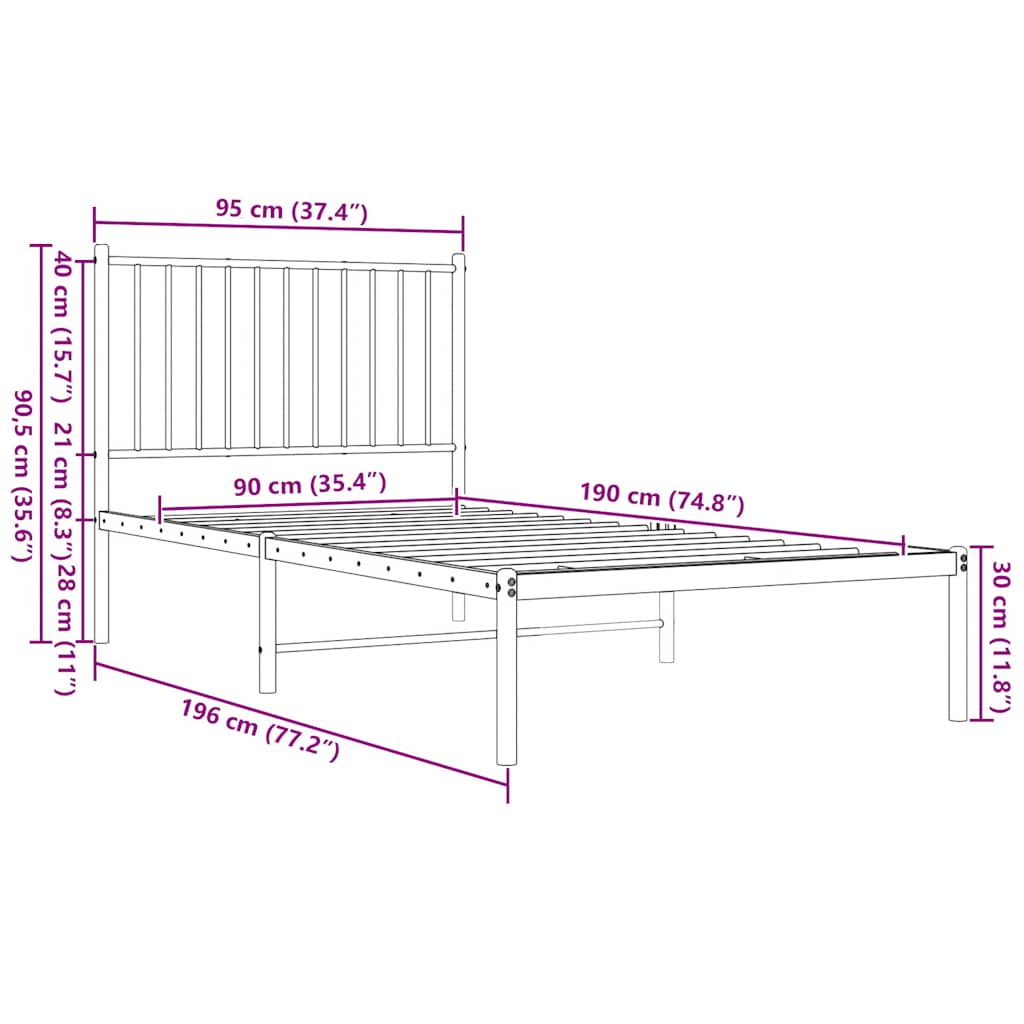 Metalni okvir za krevet s uzglavljem bijeli 90 x 190 cm