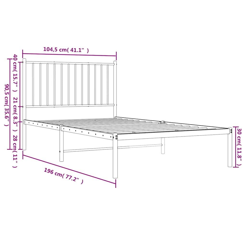 Metalni okvir za krevet s uzglavljem bijeli 100x190 cm