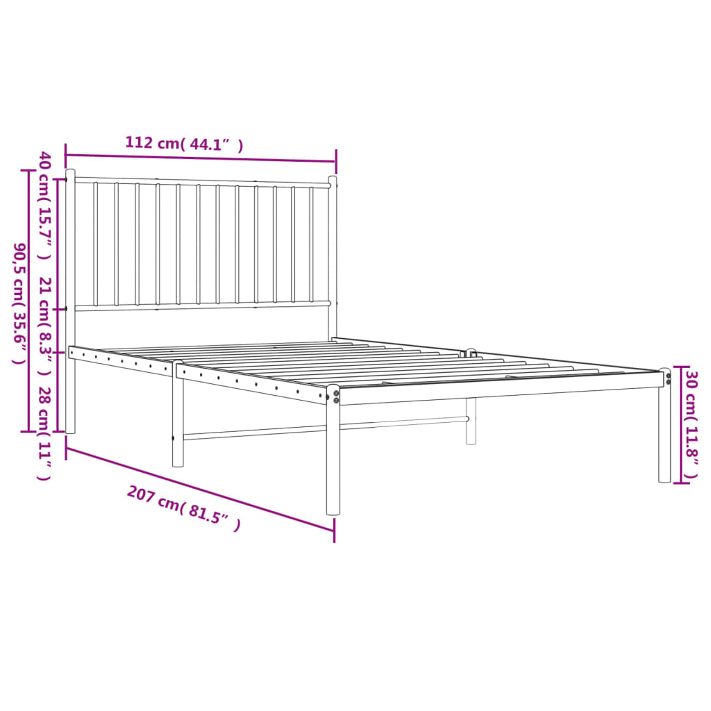 Metalni okvir za krevet s uzglavljem bijeli 107x203 cm