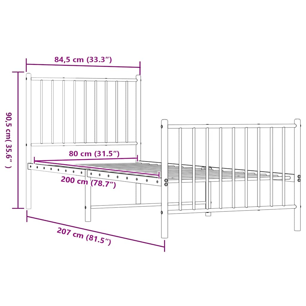 Metalni okvir kreveta uzglavlje i podnožje bijeli 80x200 cm