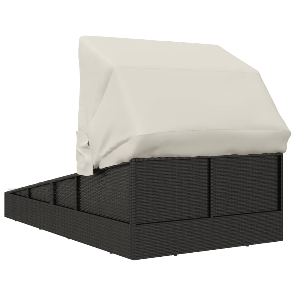 Ležaj za sunčanje s krovom crni 200 x 114 x 128 cm poliratan