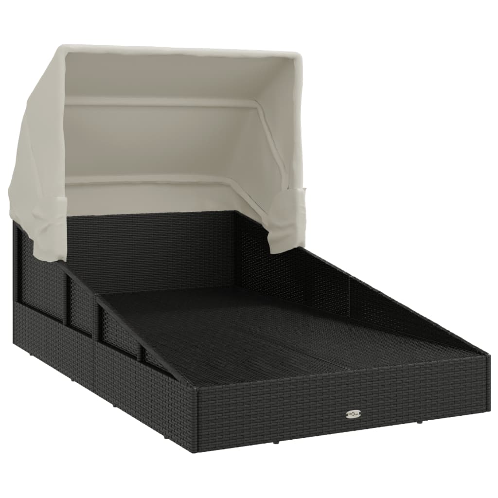Ležaj za sunčanje s krovom crni 200 x 114 x 128 cm poliratan