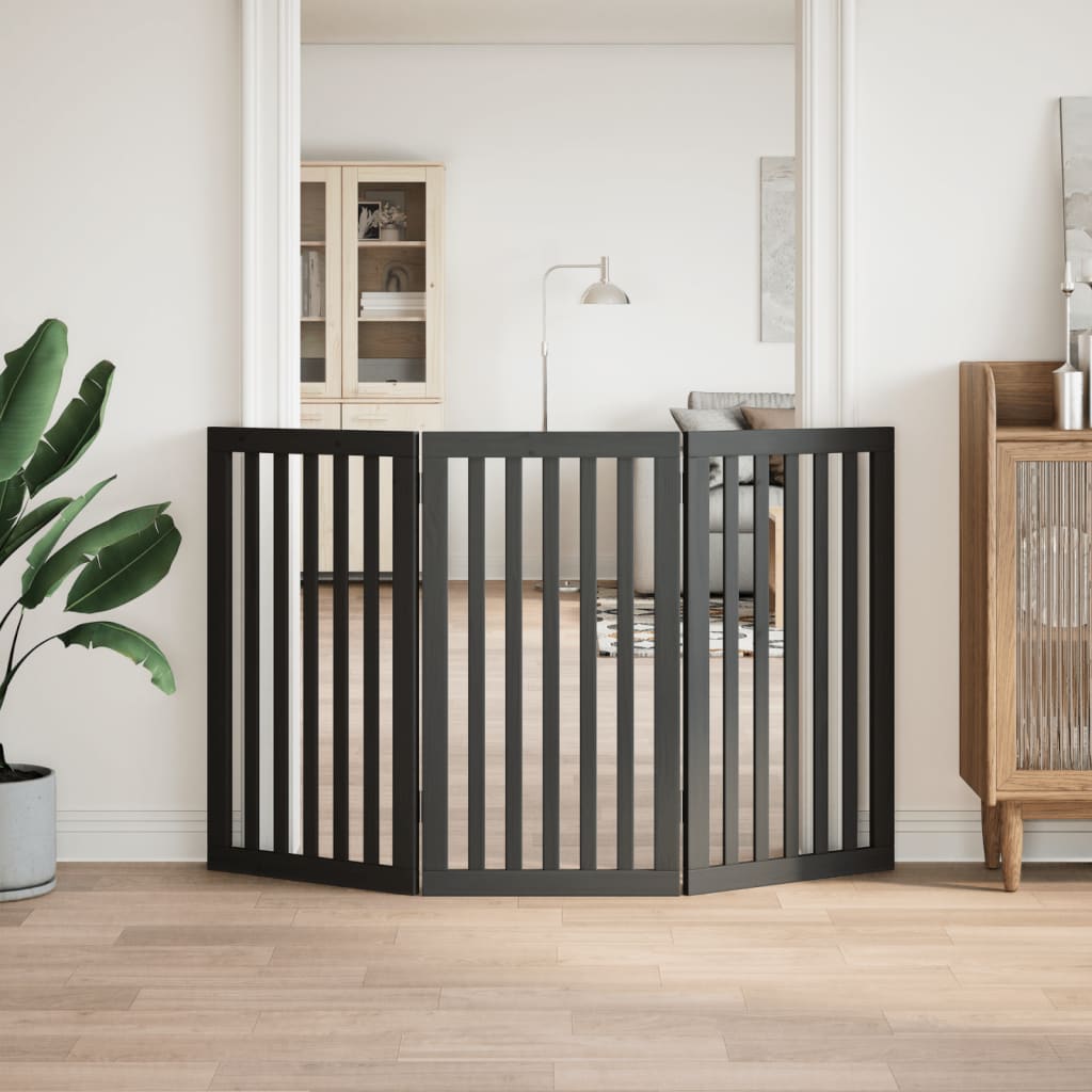 Vrata za pse s 3 panela sklopiva crna 150 cm od drva topole