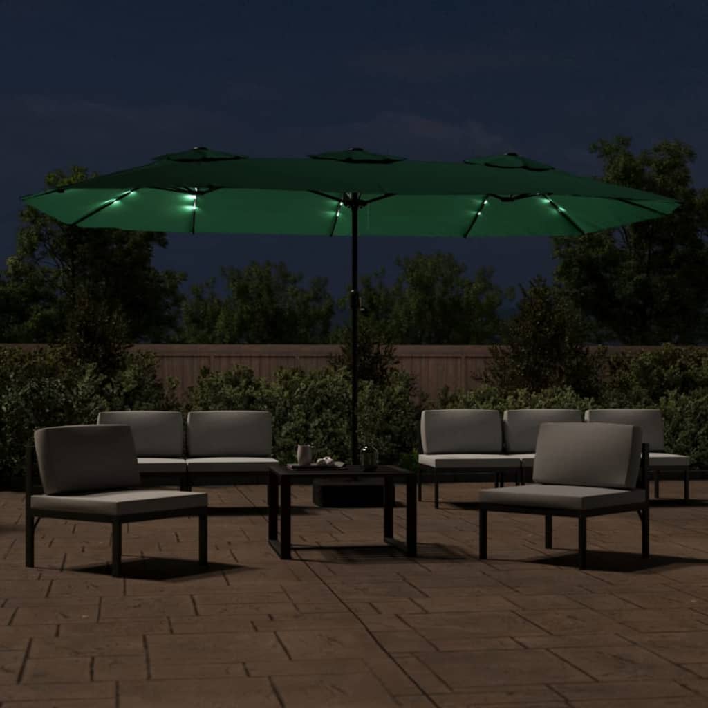 Dvostruki vrtni suncobran s LED svjetlima zeleni 449 x 265 cm