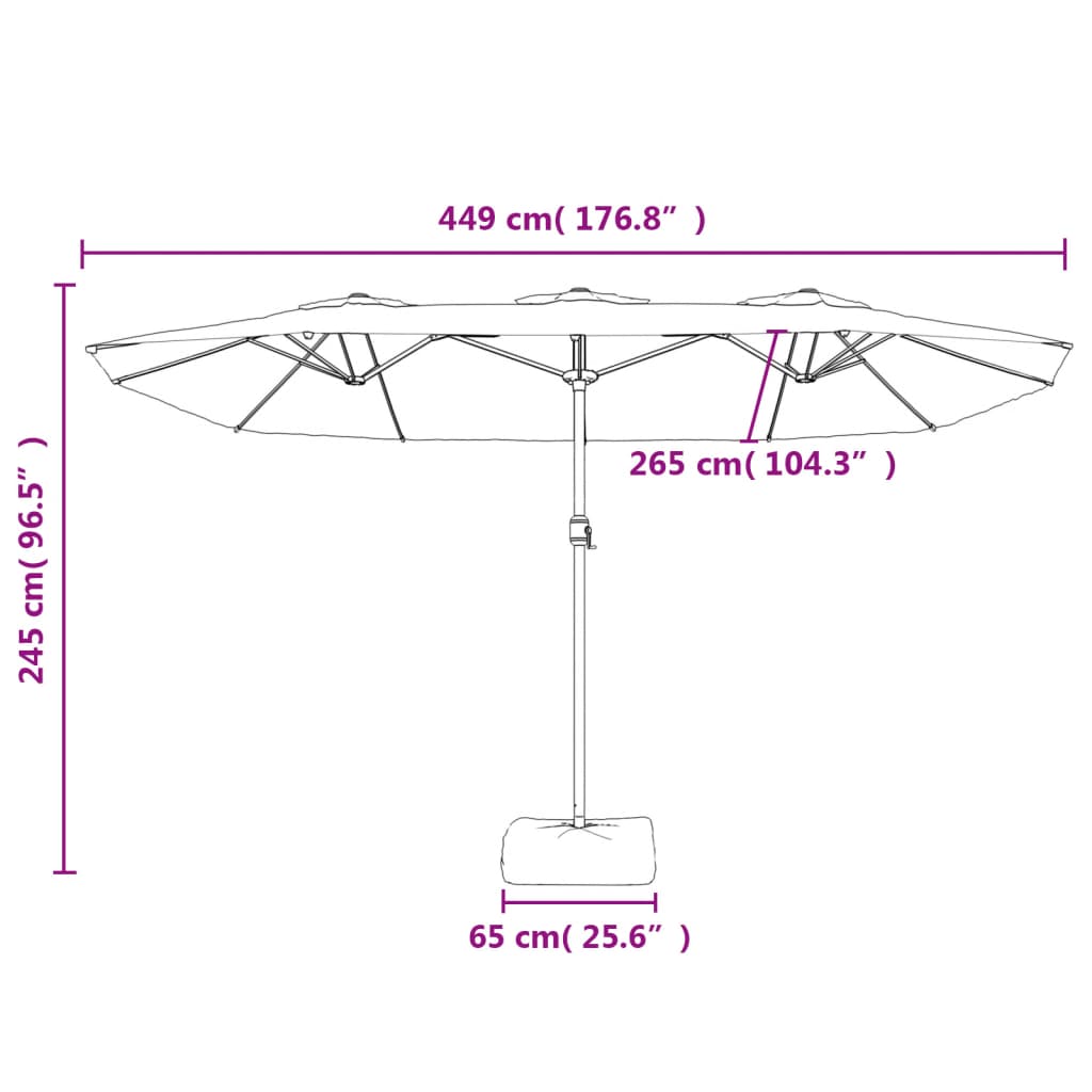 Dvostruki vrtni suncobran s LED svjetlima crni 449 x 265 cm