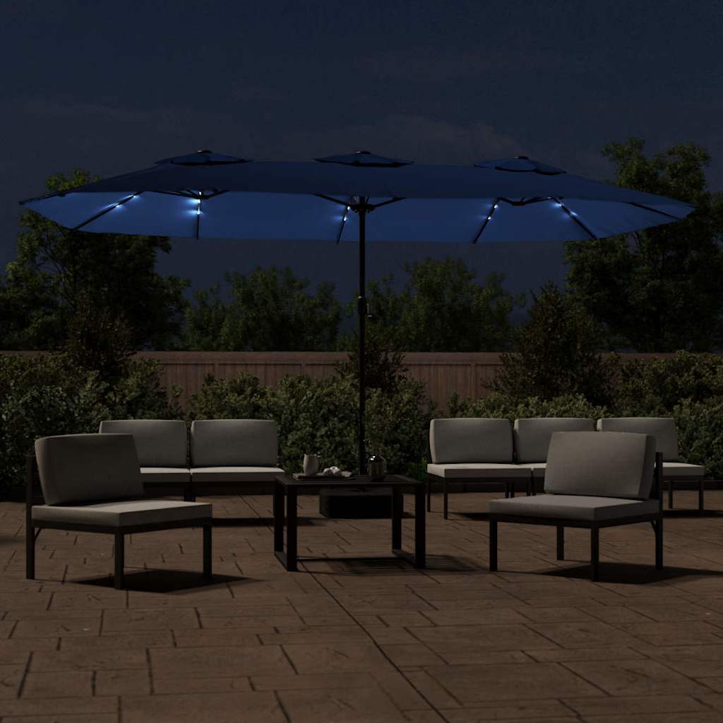 Dvostruki vrtni suncobran s LED svjetlima azurni 449 x 265 cm