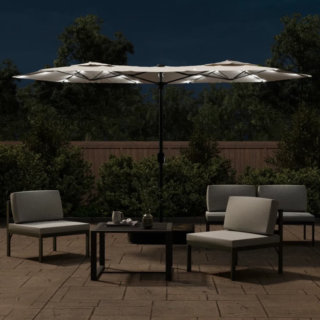 Dvostruki vrtni suncobran LED pješčano bijeli 316 x 145 cm