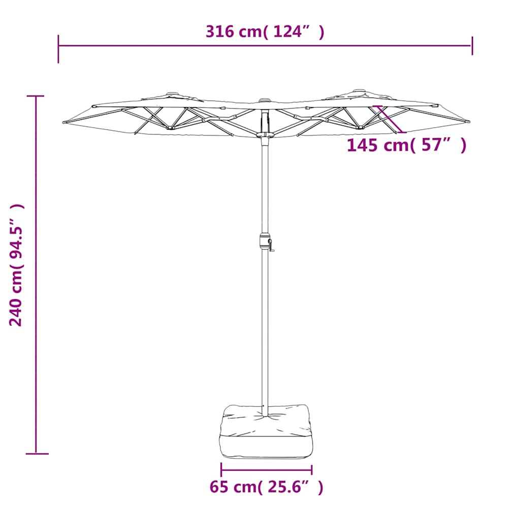 Dvostruki vrtni suncobran s LED svjetlima zeleni 316 x 145 cm