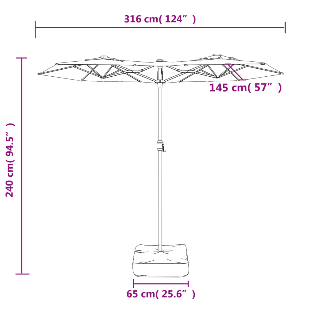 Dvostruki vrtni suncobran s LED svjetlima terakota 316 x 145 cm