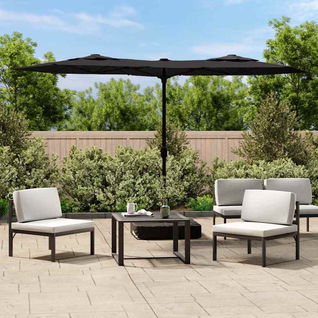Dvostruki vrtni suncobran s LED svjetlima crni 316 x 145 cm