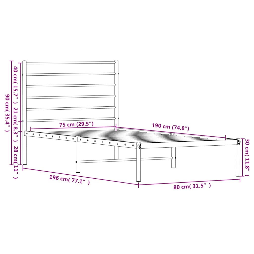 Metalni okvir za krevet s uzglavljem crni 75x190 cm