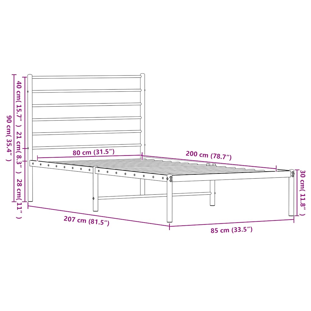 Metalni okvir za krevet s uzglavljem crni 80x200 cm