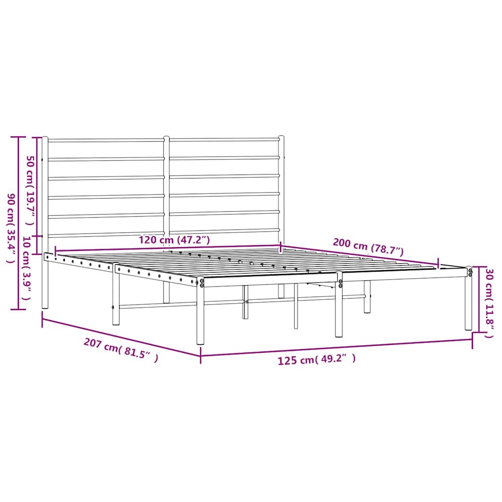 Metalni okvir za krevet s uzglavljem crni 120x200 cm