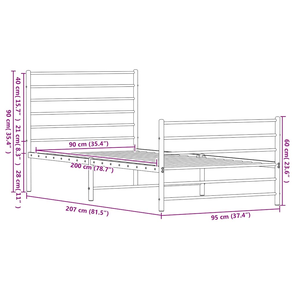 Metalni okvir kreveta uzglavlje i podnožje crni 90 x 200 cm