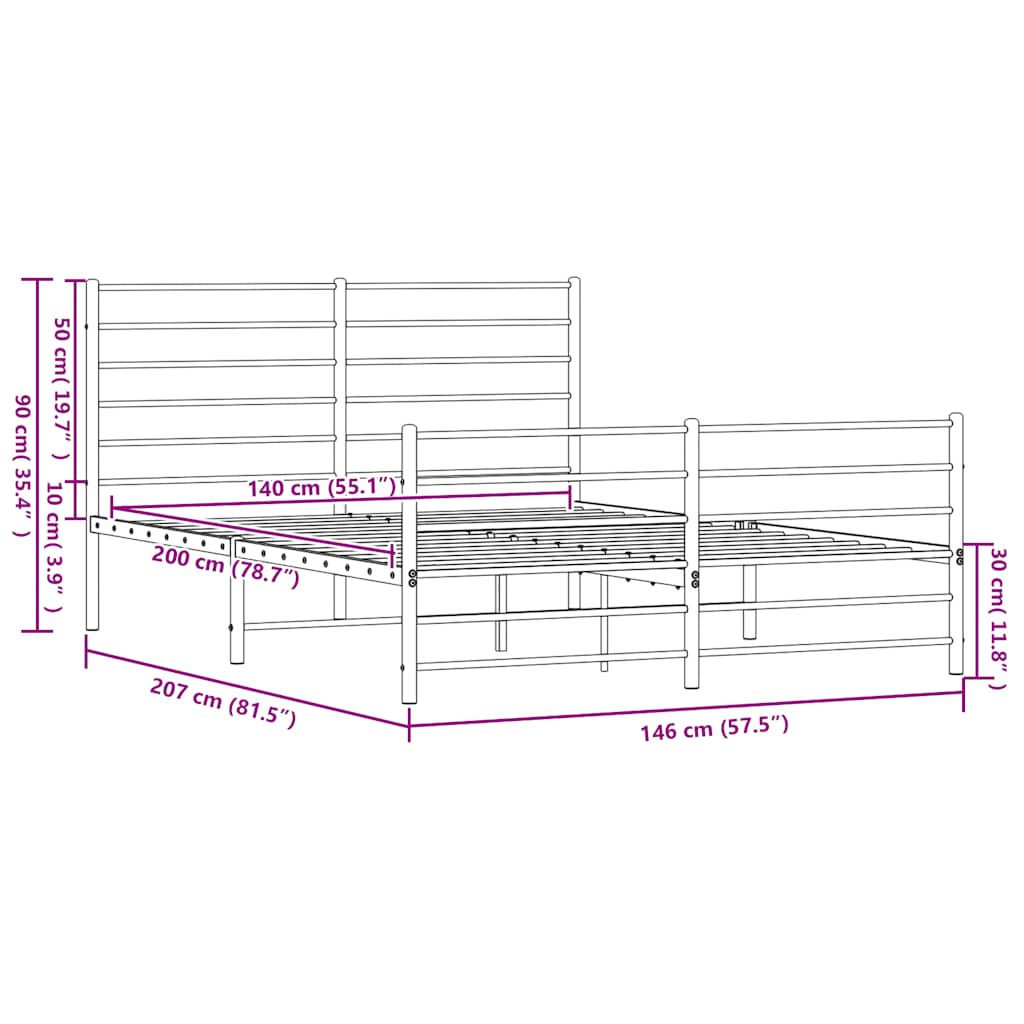 Metalni okvir kreveta uzglavlje i podnožje crni 140x200 cm