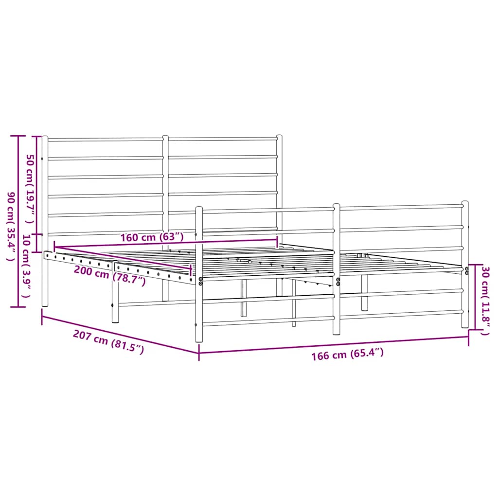 Metalni okvir kreveta uzglavlje i podnožje crni 160x200 cm