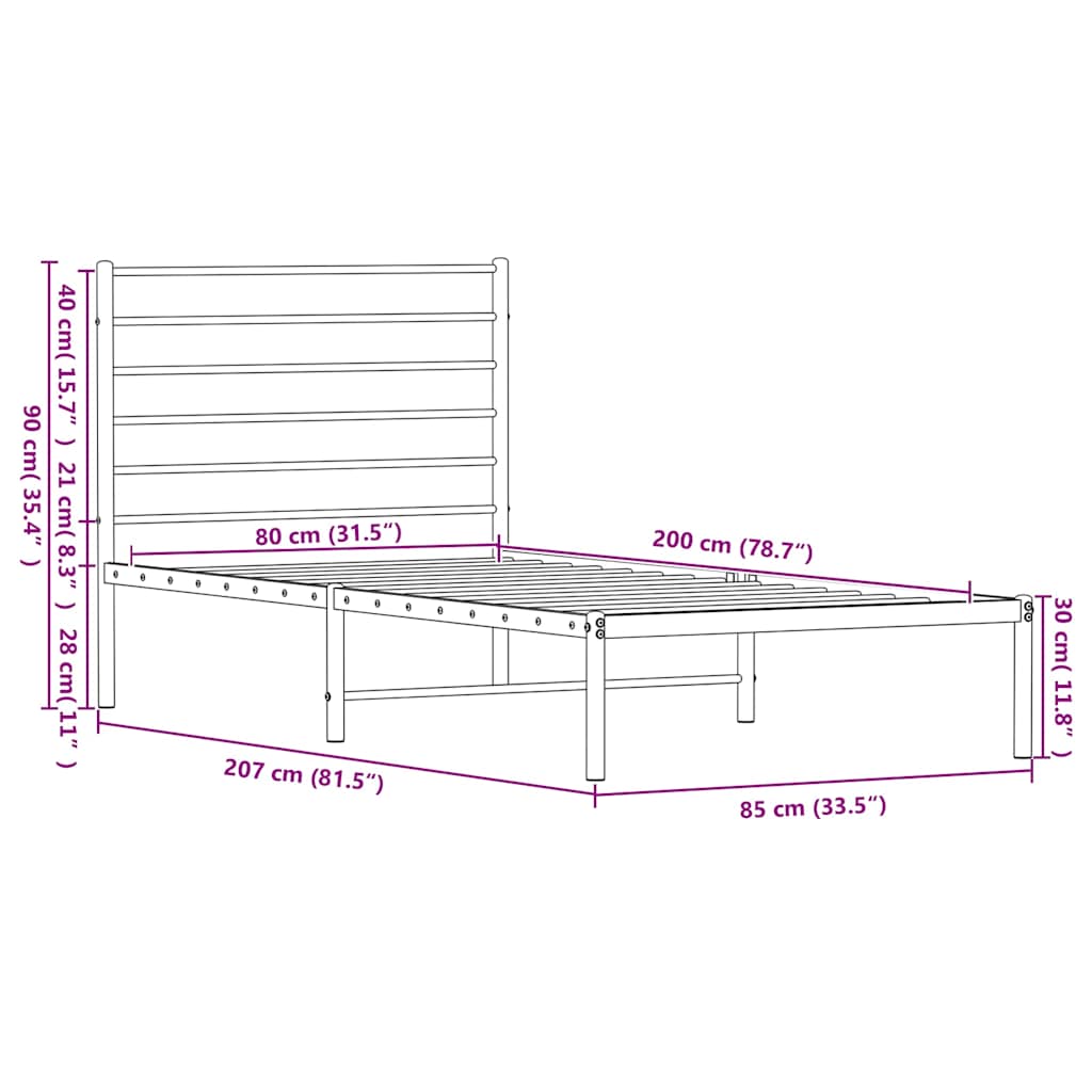 Metalni okvir za krevet s uzglavljem bijeli 80x200 cm