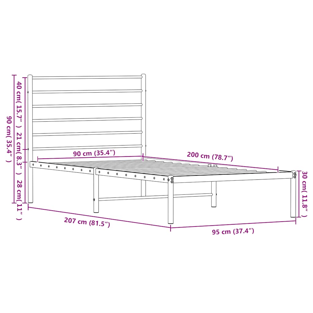 Metalni okvir za krevet s uzglavljem bijeli 90x200 cm