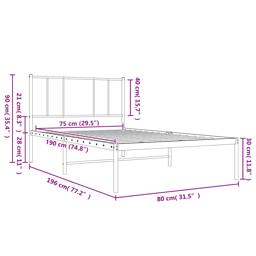 Metalni okvir za krevet s uzglavljem crni 75x190 cm