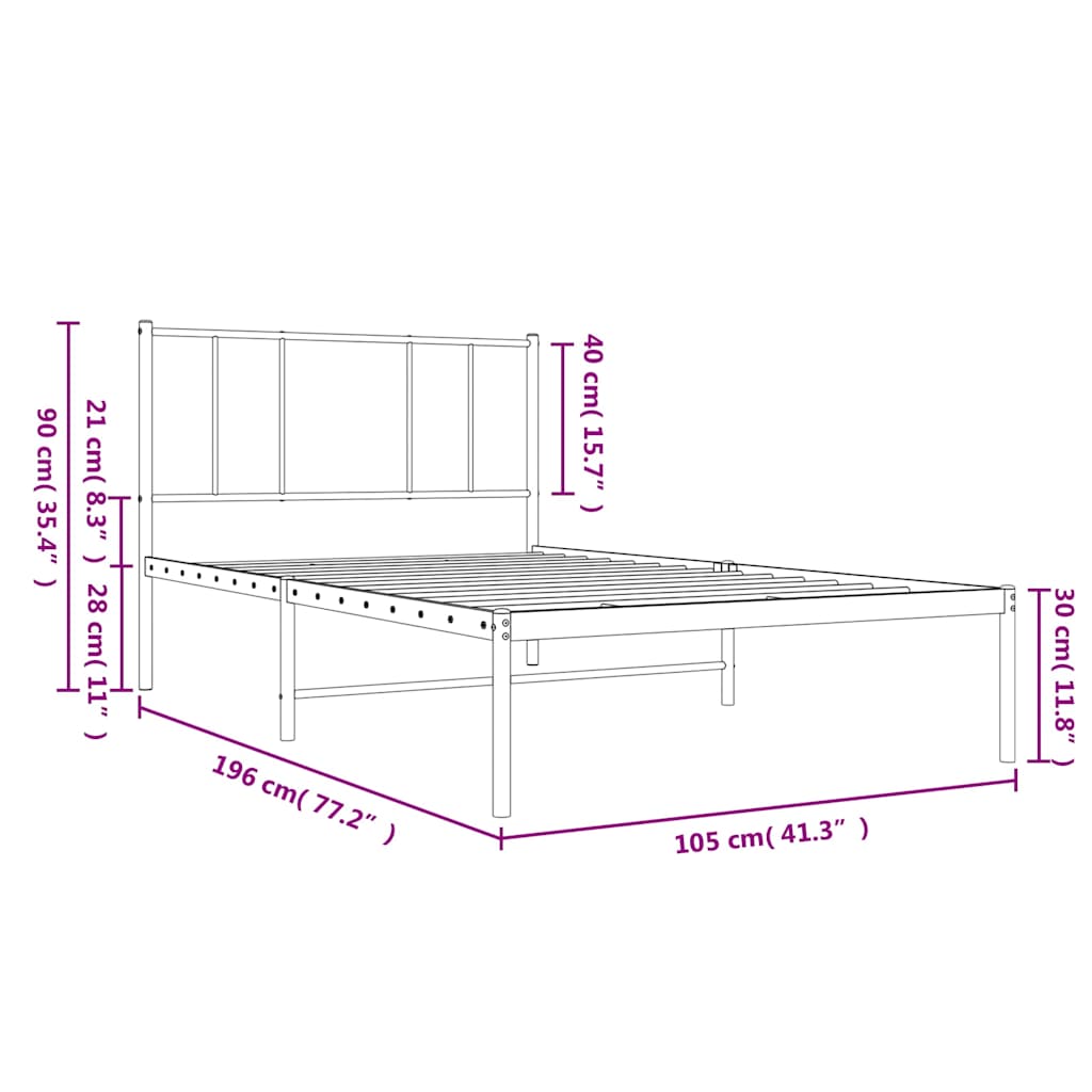 Metalni okvir za krevet s uzglavljem crni 100x190 cm