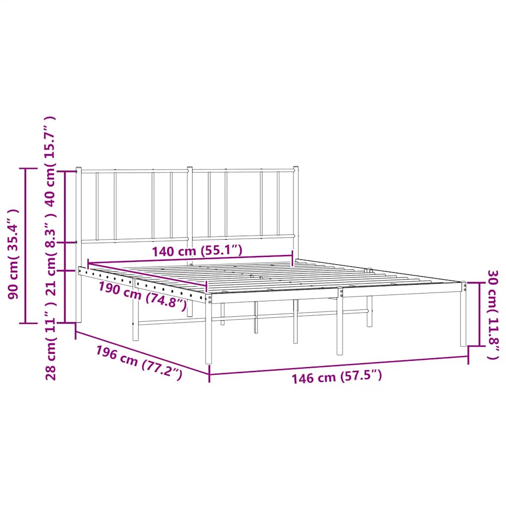 Metalni okvir za krevet s uzglavljem crni 140x190 cm