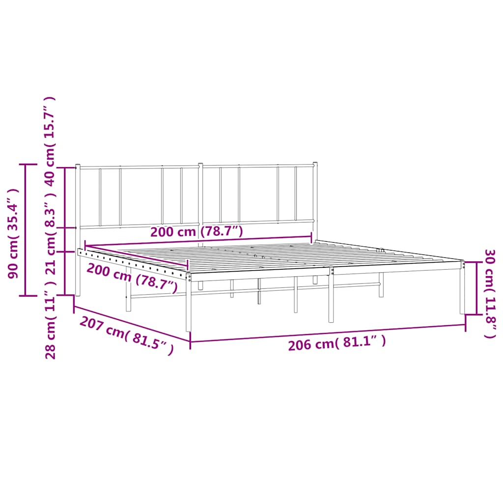 Metalni okvir za krevet s uzglavljem crni 200x200 cm