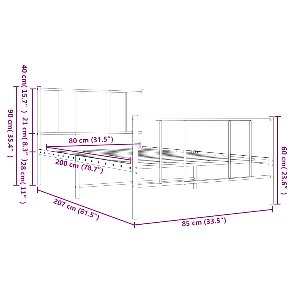 Metalni okvir kreveta uzglavlje i podnožje crni 80x200 cm
