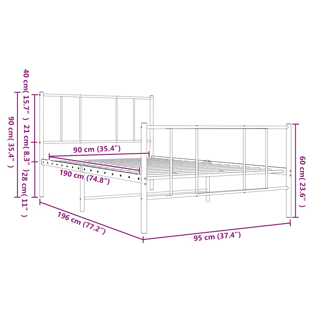 Metalni okvir kreveta uzglavlje i podnožje crni 90x190 cm