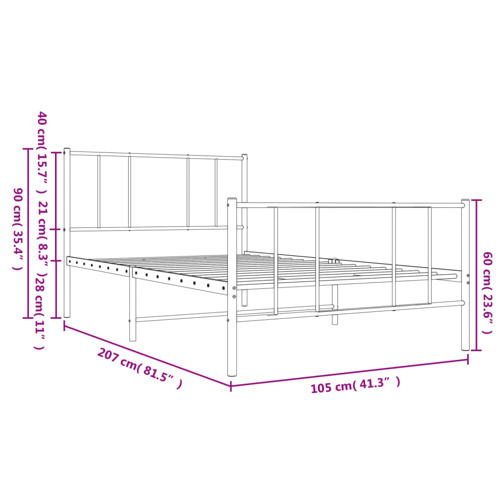 Metalni okvir kreveta uzglavlje i podnožje crni 100x200 cm