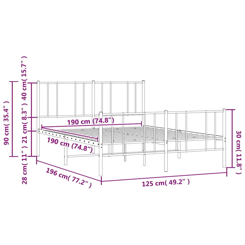 Metalni okvir kreveta uzglavlje i podnožje crni 120x190 cm