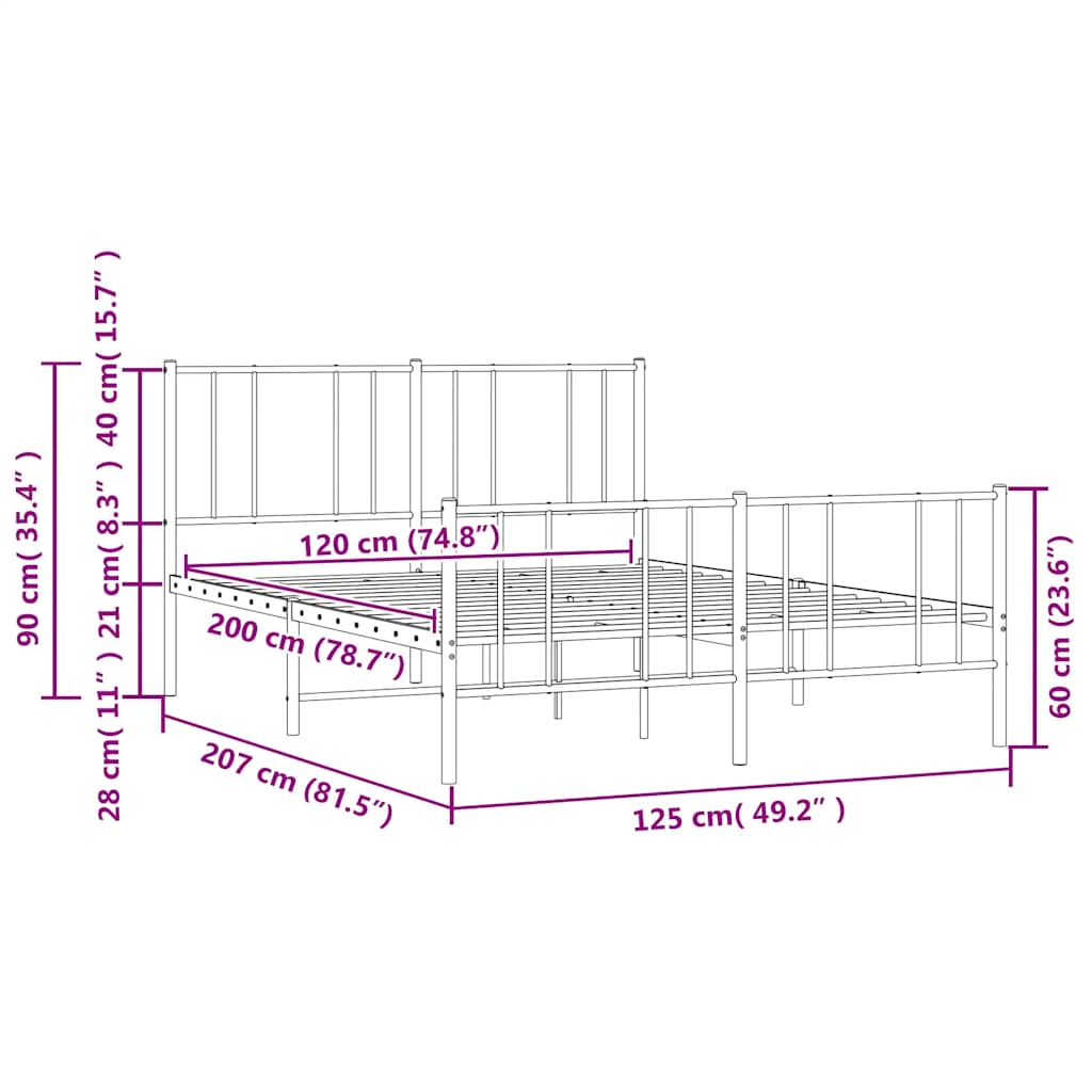 Metalni okvir kreveta uzglavlje i podnožje crni 120x200 cm