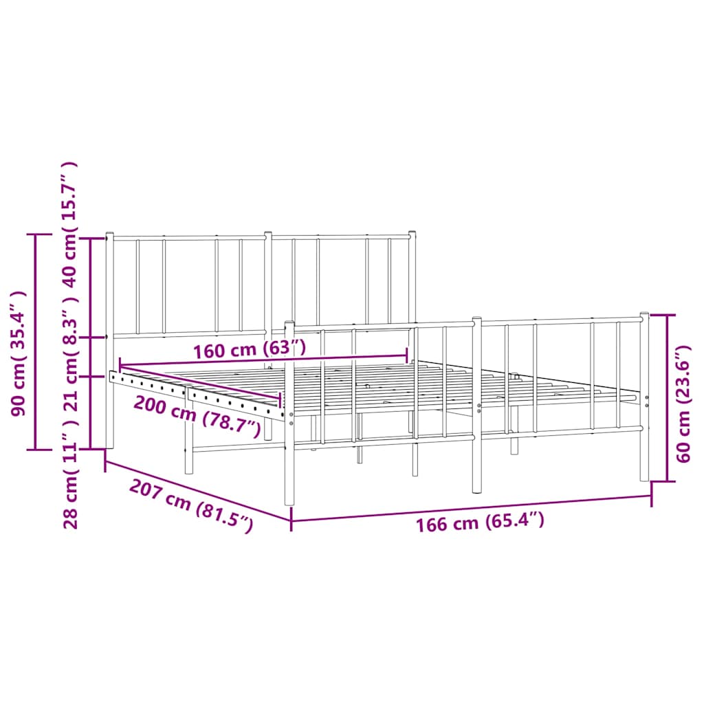 Metalni okvir kreveta uzglavlje i podnožje crni 160x200 cm