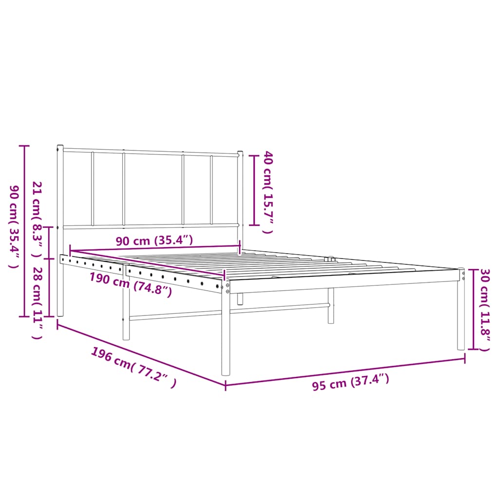 Metalni okvir za krevet s uzglavljem bijeli 90 x 190 cm