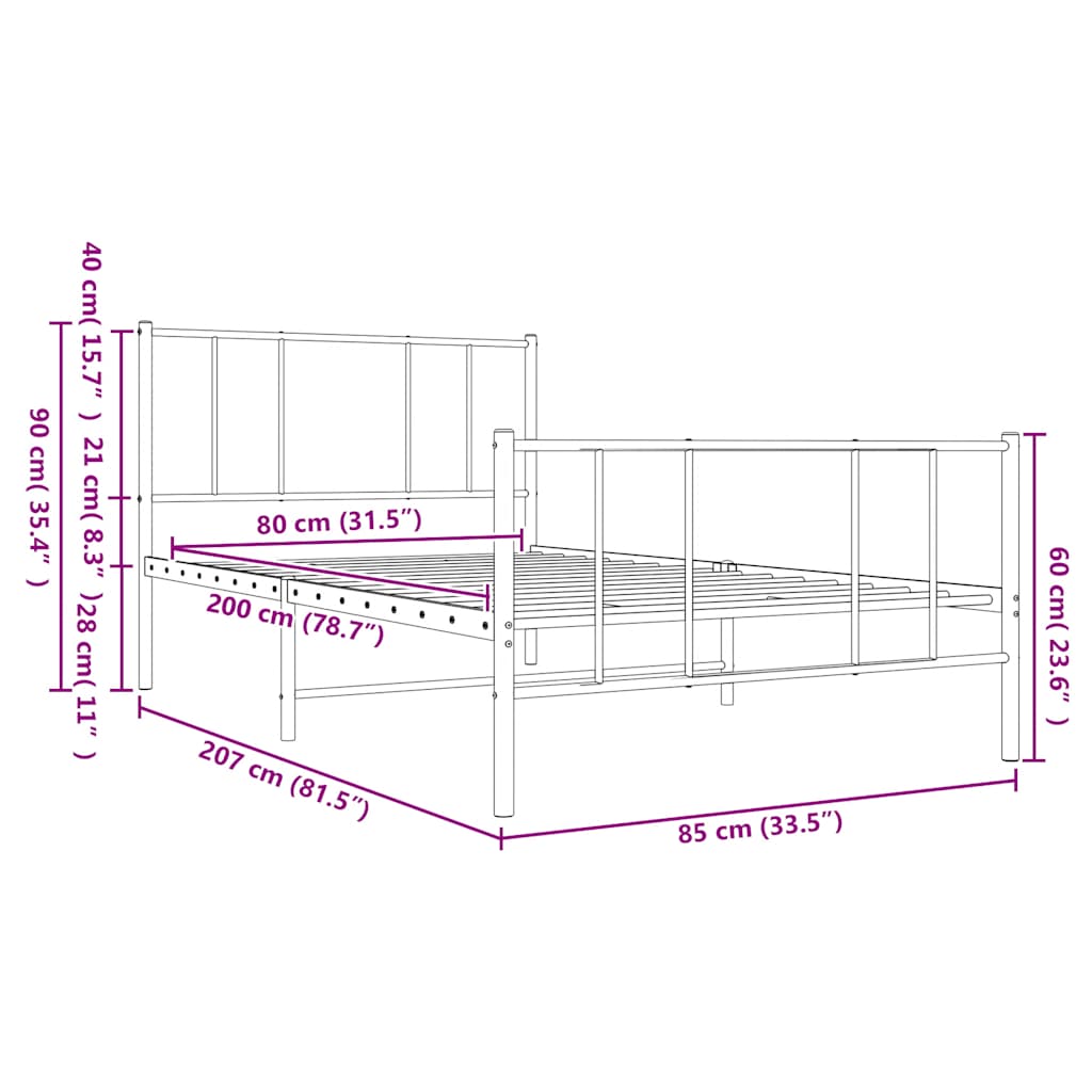 Metalni okvir kreveta uzglavlje i podnožje bijeli 80x200 cm